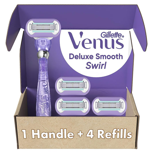 Gillette Venus Deluxe Smooth Swirl Women's Razor Handle + 4 Blade Refills, Flexible Handle and Pivoting Head