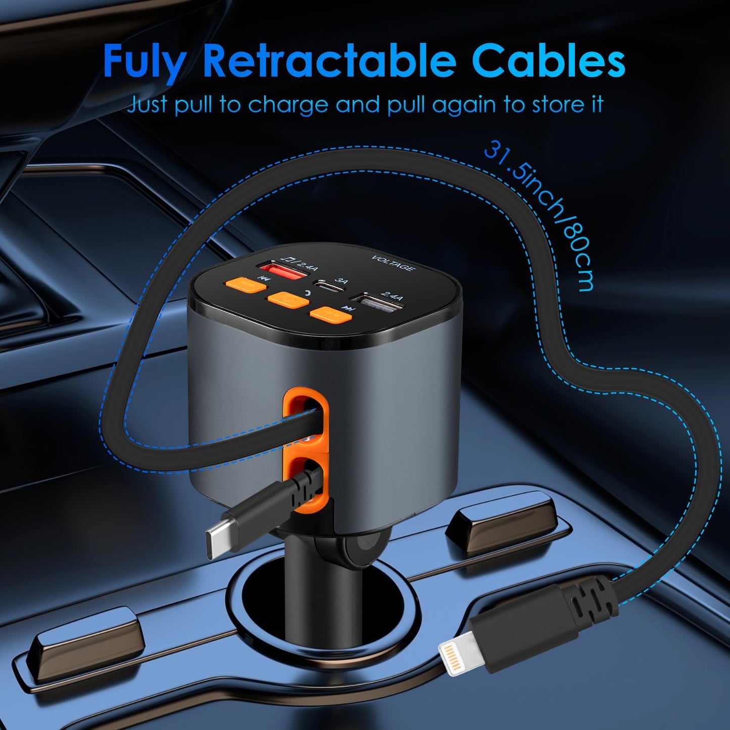 Retractable Car Charger,5 in 1 Fast Car Phone Charger 90W,Bluetooth 5.3 FM Transmitter Adapter,Handsfree Call,2 Retractable Cables and USB Cars Chargers for iPhone 15/14/13 (Black)