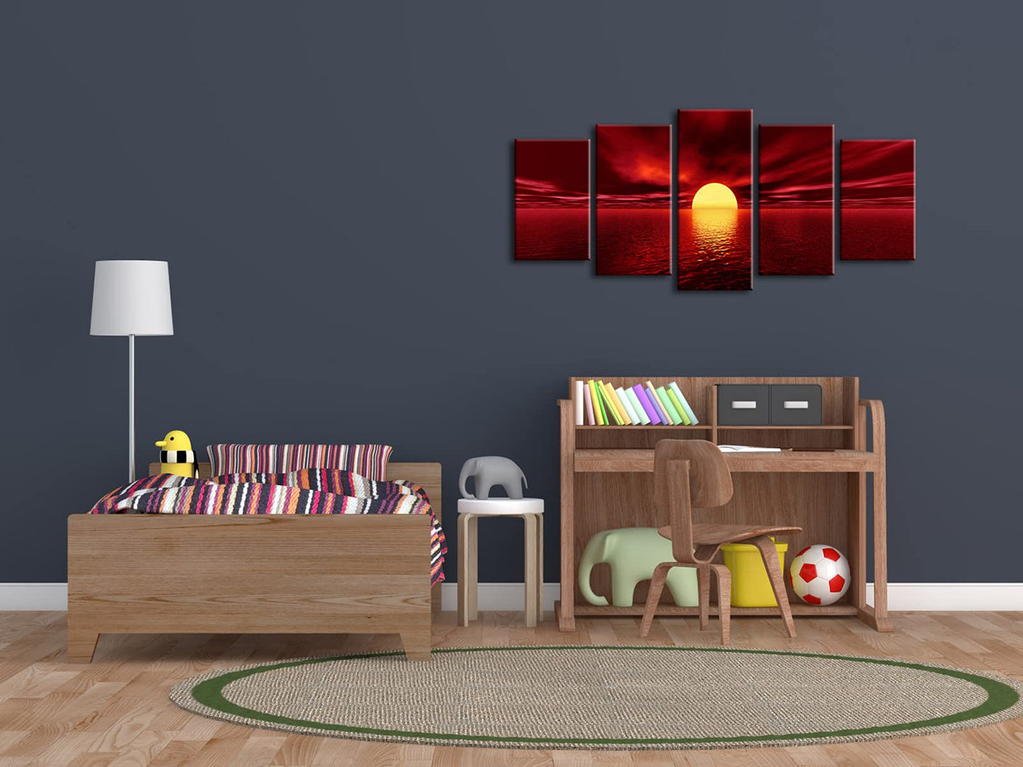 Wieco Art Red Sun Canvas Prints Wall Art Ocean Sea Beach Pictures Paintings Ready to Hang for Living Room Bedroom Home Decorations Modern 5 Piece Stretched and Framed Grace Landscape Giclee Artwork