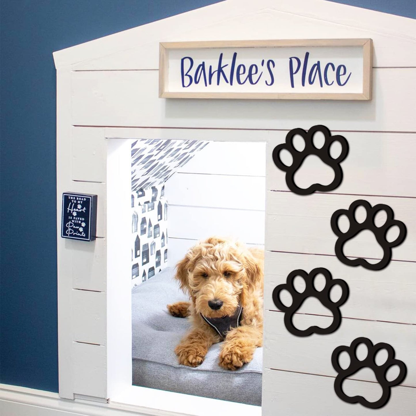 Xylolfsty Dog Room Decor Paw Prints Wood Wall Art Dog Lovers Gifts Puppy Decorations Signs for Home Kitchen Bathroom Bedroom BLACK 4PCS