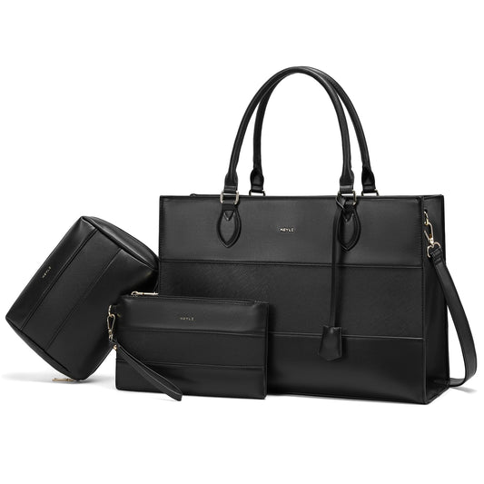 Keyli 3pcs Sets Laptop Bag for Women,15.6 Work Tote Bags Waterproof Leather Business Computer Briefcase with Clutch Purses Casual Shoulder Handbag Messenger Bag for Travel Office Black