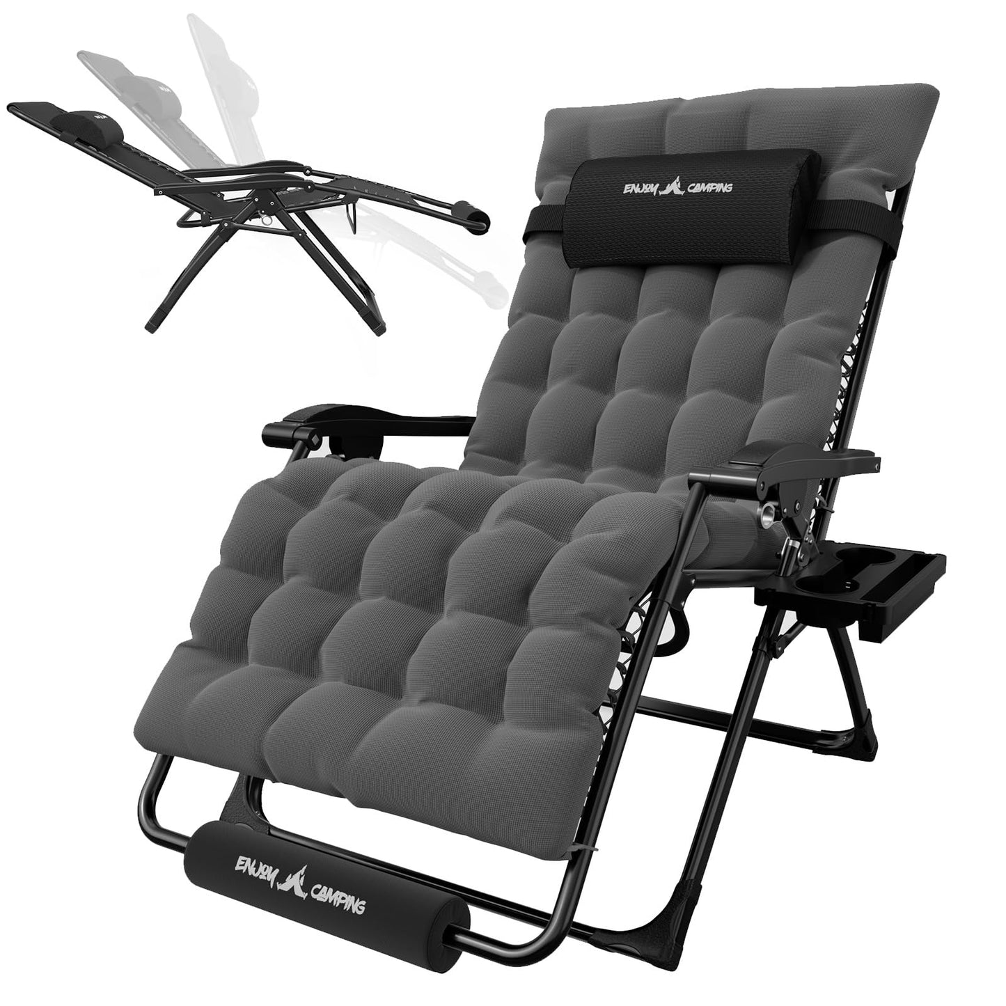 Oversized Outdoor Zero Gravity Chair with Removable Cushion, XL Folding Patio Reclining Lounge Chair with Tray/Footrest/Headrest for Indoor Camping Sunbathing Relaxing