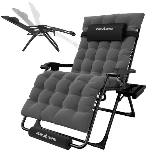 Oversized Outdoor Zero Gravity Chair with Removable Cushion, XL Folding Patio Reclining Lounge Chair with Tray/Footrest/Headrest for Indoor Camping Sunbathing Relaxing