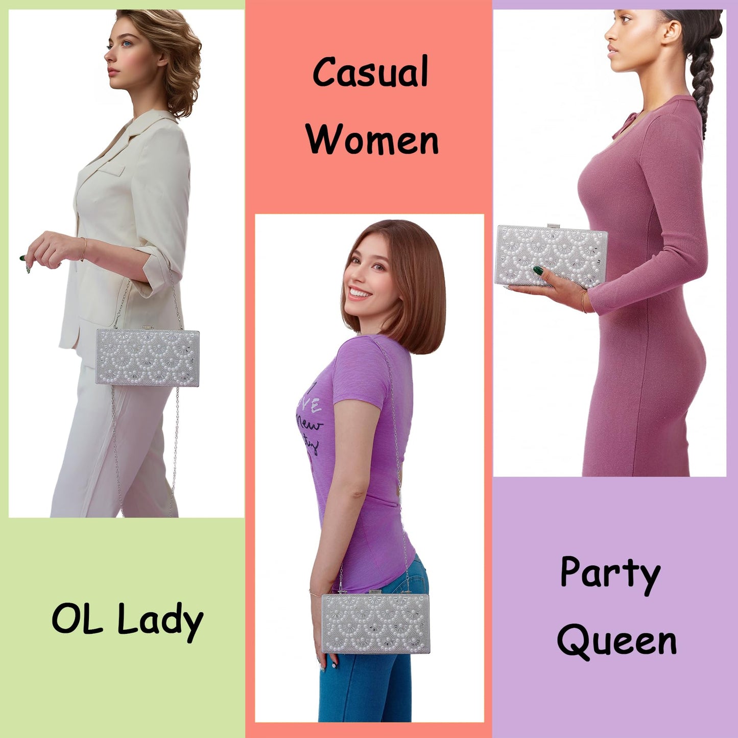 Women's Evening Clutch Handbags - Crossbody Purses Rhinestone Bag with Chains for Womens Ladies Girls Wedding Party, Sparkly Pearl Shoulder Clutches Bag Silver