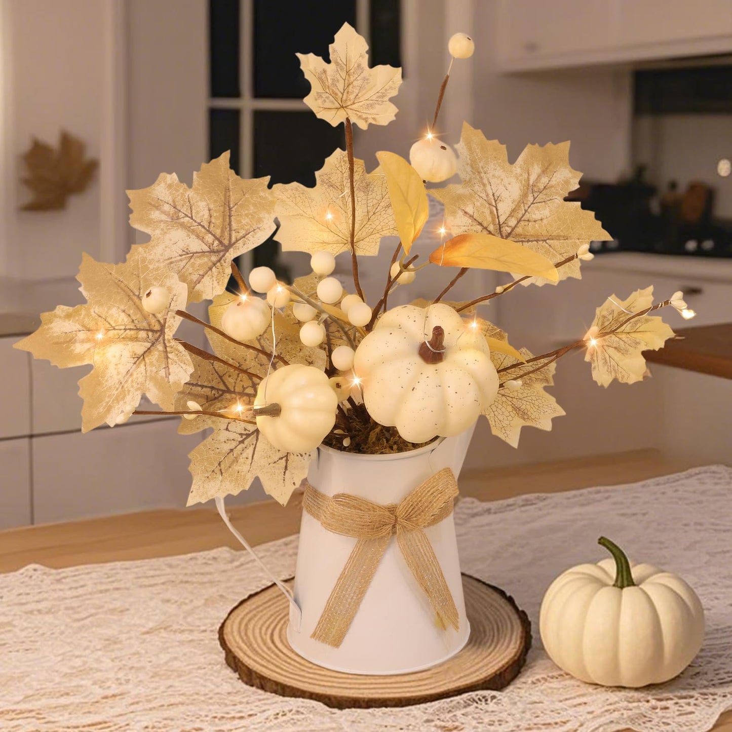 [Light & Timer] Fall Decor Table Centerpiece Potted White Maple Arrangement in Metal Pitcher Neutral Rustic Artificial White Pumpkin Berries Fall Decoration for Home Mantel Autumn Thanksgiving Wedding