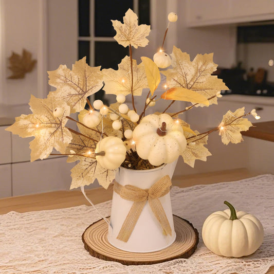 [Light & Timer] Fall Decor Table Centerpiece Potted White Maple Arrangement in Metal Pitcher Neutral Rustic Artificial White Pumpkin Berries Fall Decoration for Home Mantel Autumn Thanksgiving Wedding