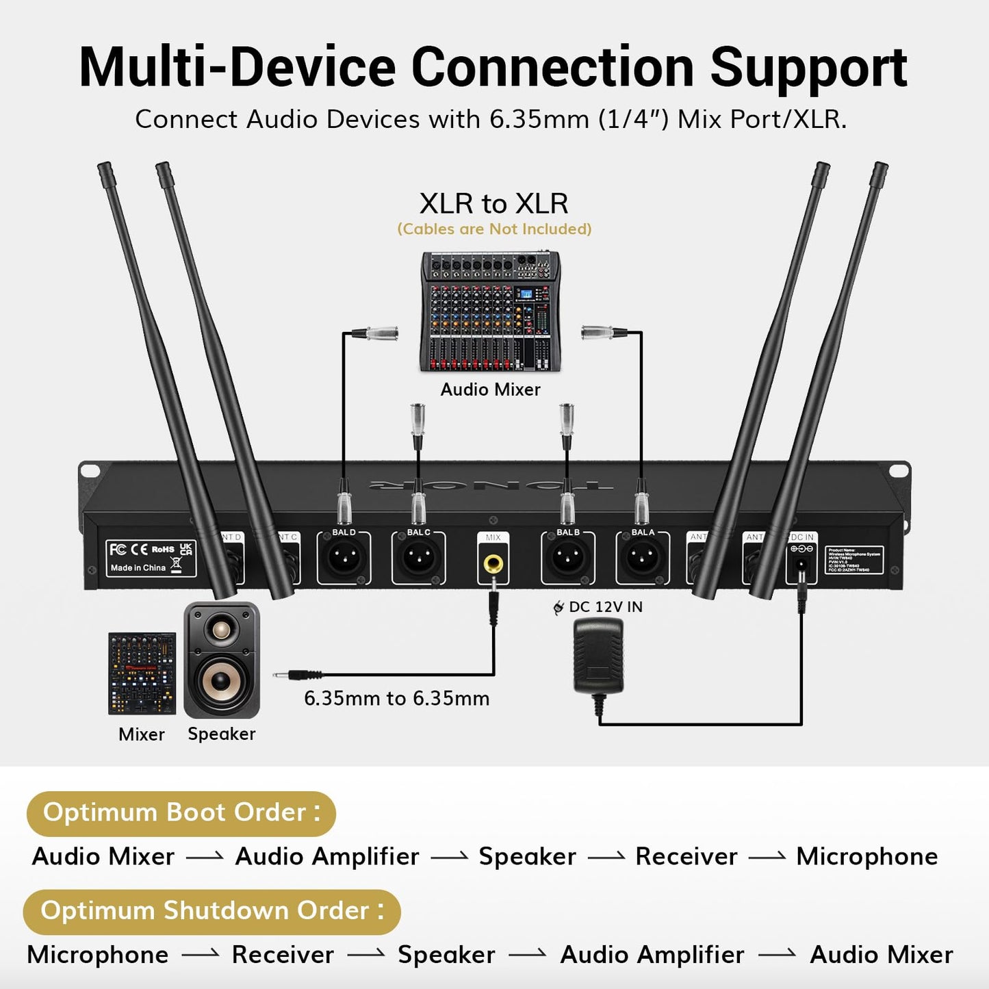TONOR Wireless Microphones System with 4x10 Channels Dynamic Handheld Mics 4 Antennas for 295FT Long Distance Mic with Adjustable Frequencies Auto Connect for Singing Party Church Karaoke, Silver&Red