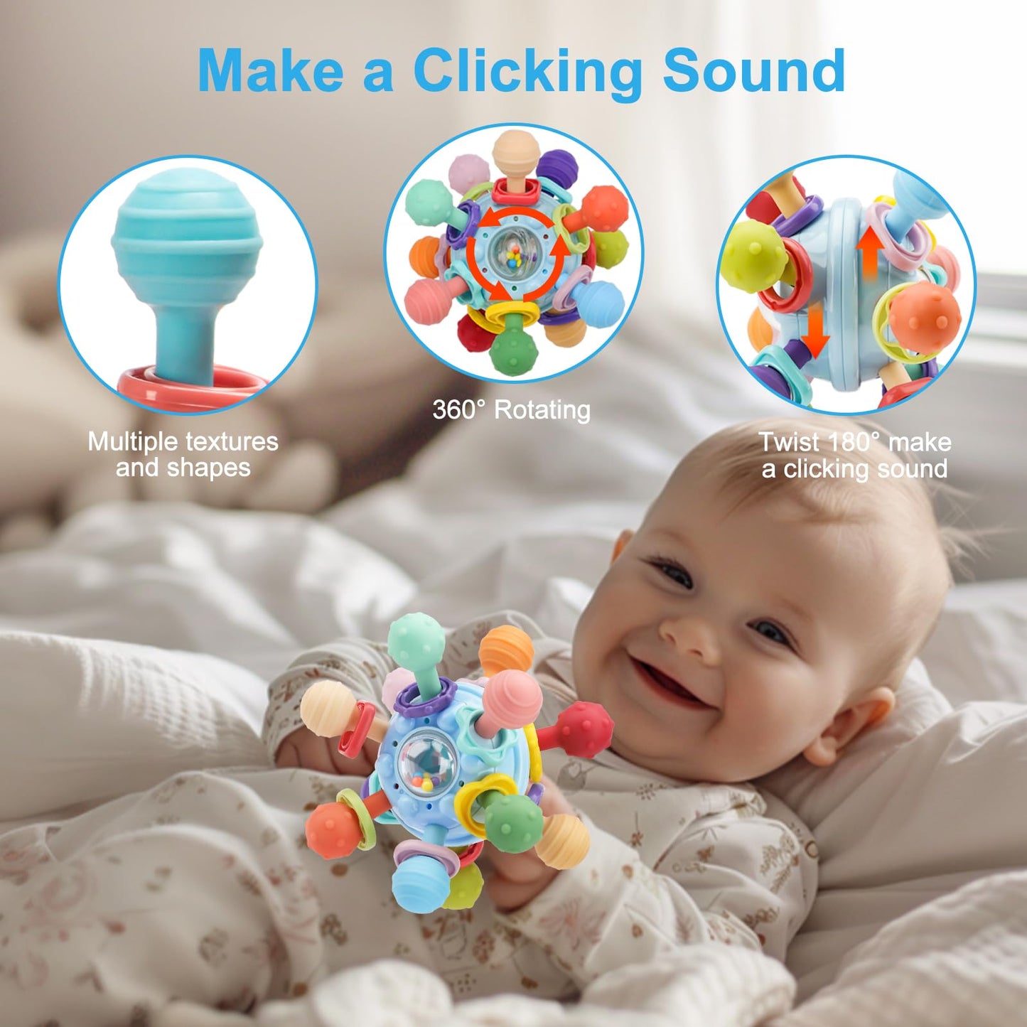 Baby Teething Toys, Baby Teethers Montessori Sensory Toys for 0-6 6-12 Months, Gifts for 1 Year Old Boys Girls Infant Newborn 0 3 6 9 12 18 Months Toys- Blue