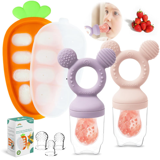 Baby Fruit Food Feeder - Silicone Nibble Tray Combo - Breastmilk Popsicle Mold for Cooling Relief, BPA Free Mesh Feeder for Infant Self Feeding (Lavender Pink + Carrot)