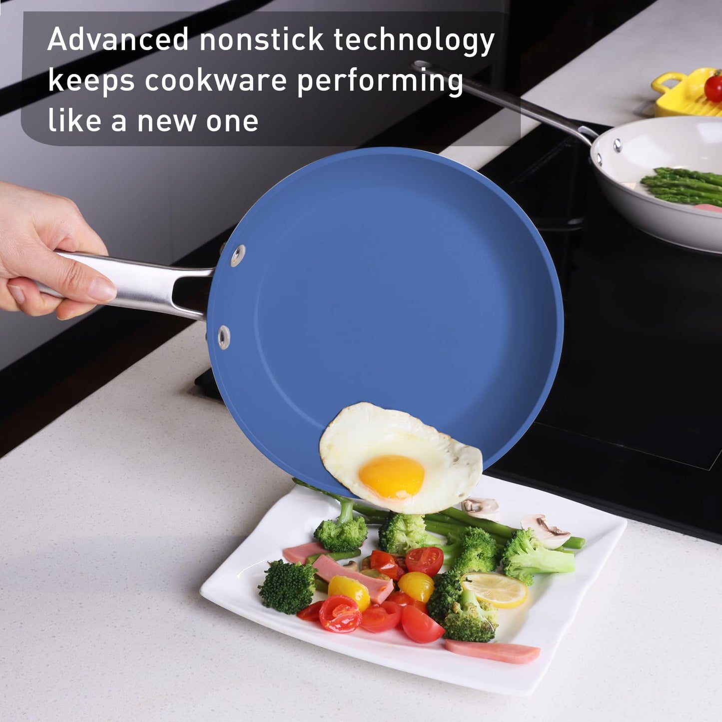 MsMk Ceramic Nonstick 8-inch and 10-inch Frying Pan Set, No PFAS & PTFE & PFOA, Stainless Steel Handle, Dishwasher & Oven Safe,Blue