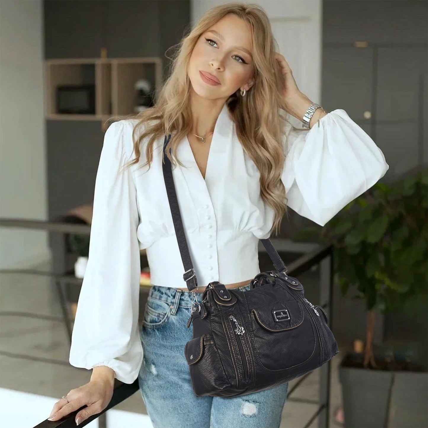 Angel Kiss Women Handbags Shoulder Bags Washed Leather Satchel Tote Bag Mutipocket Hobo Purse