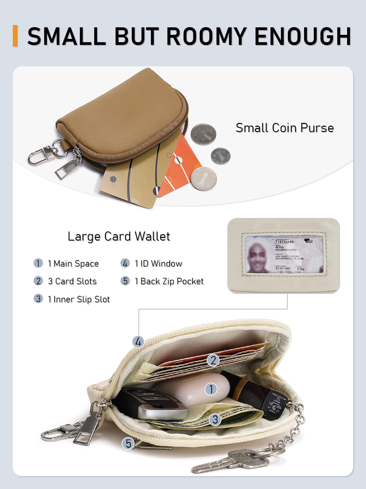 Flowston Mini Zip Around Dual Pouch Wristlet Keychain Wallet Portable Coin Purse Pouch Suitable for Women and Men with Phone Tether Tab