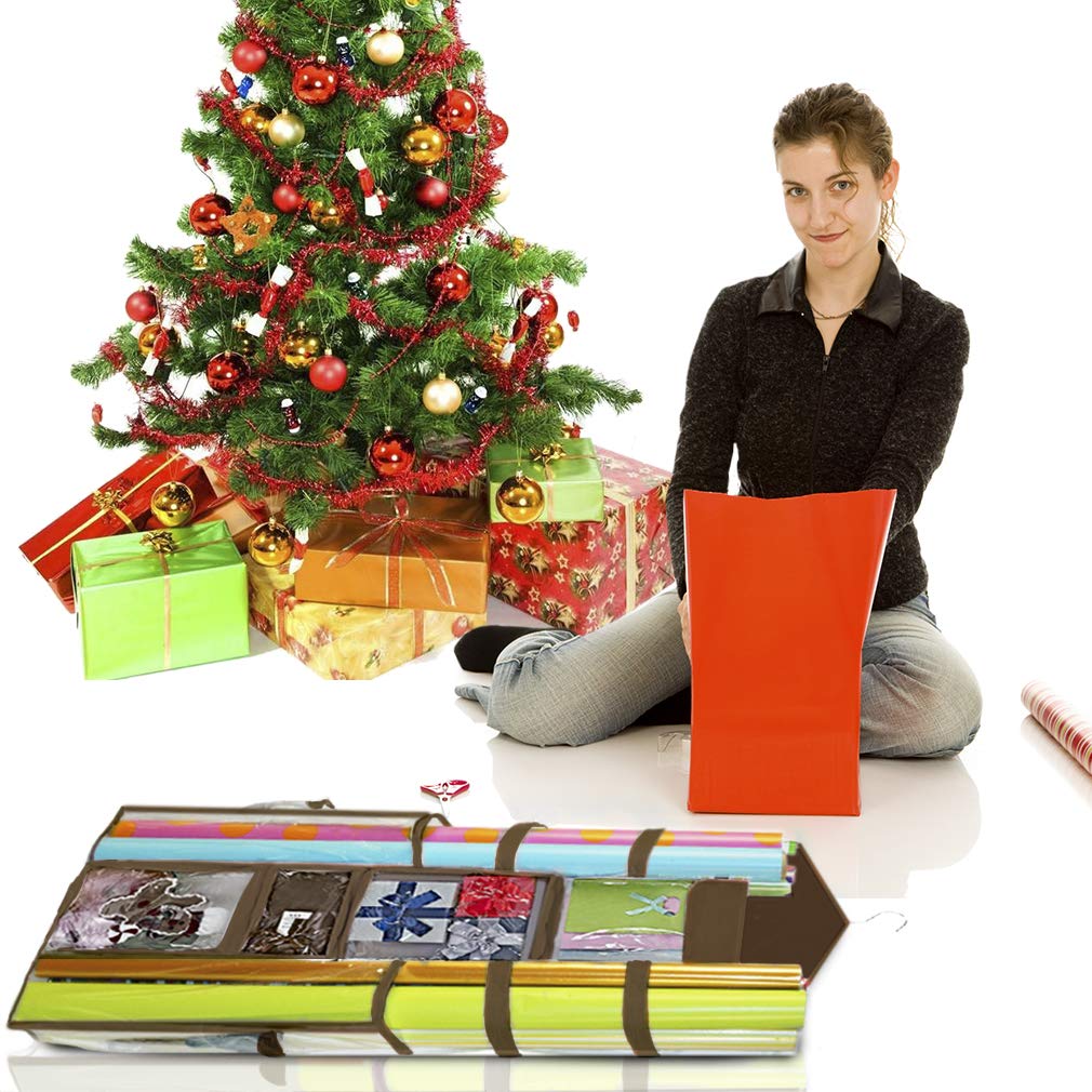 ProPik Hanging Double Sided Wrapping Paper Storage Organizer with Multiple Pockets, Organize your Gift Wrap, Gift Bags, Bows, Ribbons 40"X17" Fits 40 Inch Rolls Clear PVC Bag (Brown)