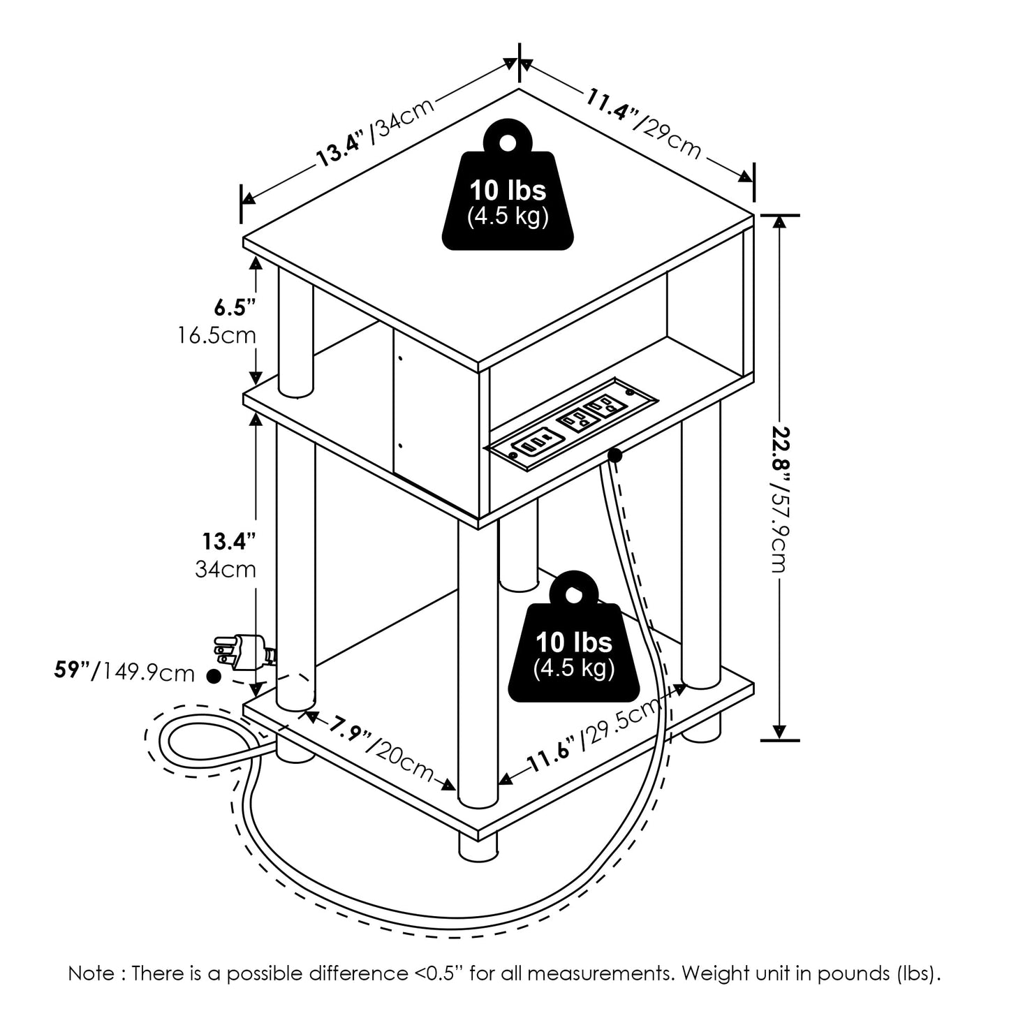 Furinno Just 3-Tier Turn-N-Tube Open Storage End Table with USB and Type-C Charging Port, 11.42 (W) x 9.92 (H) x 6.91 (D) inches, Espresso/Black