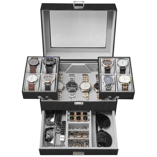 Dajasan Watch Box, Watch Case for Men, 8 Slot Watch Display Case, 3 Layers Large Sunglass Storage Organizer for Watch, Ring, Jewelry, Gift Idea, PU Leather (Black)