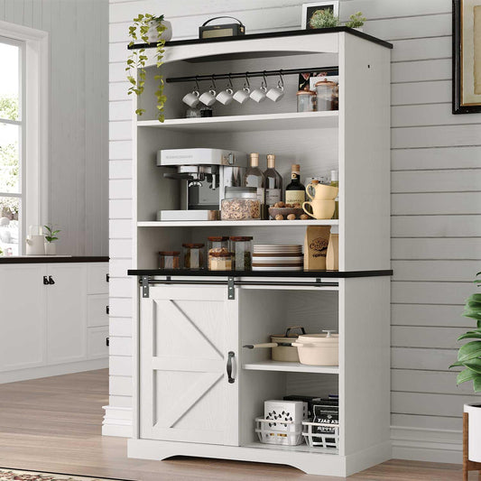 4ever2buy Farmhouse Tall Coffee Bar with Tall Hutch, Buffet Cabinet with Storage, 70 Inch Coffee Bar Cabinet with Sliding Barn Door and Adjustable Shelves for Living Dining Room, White