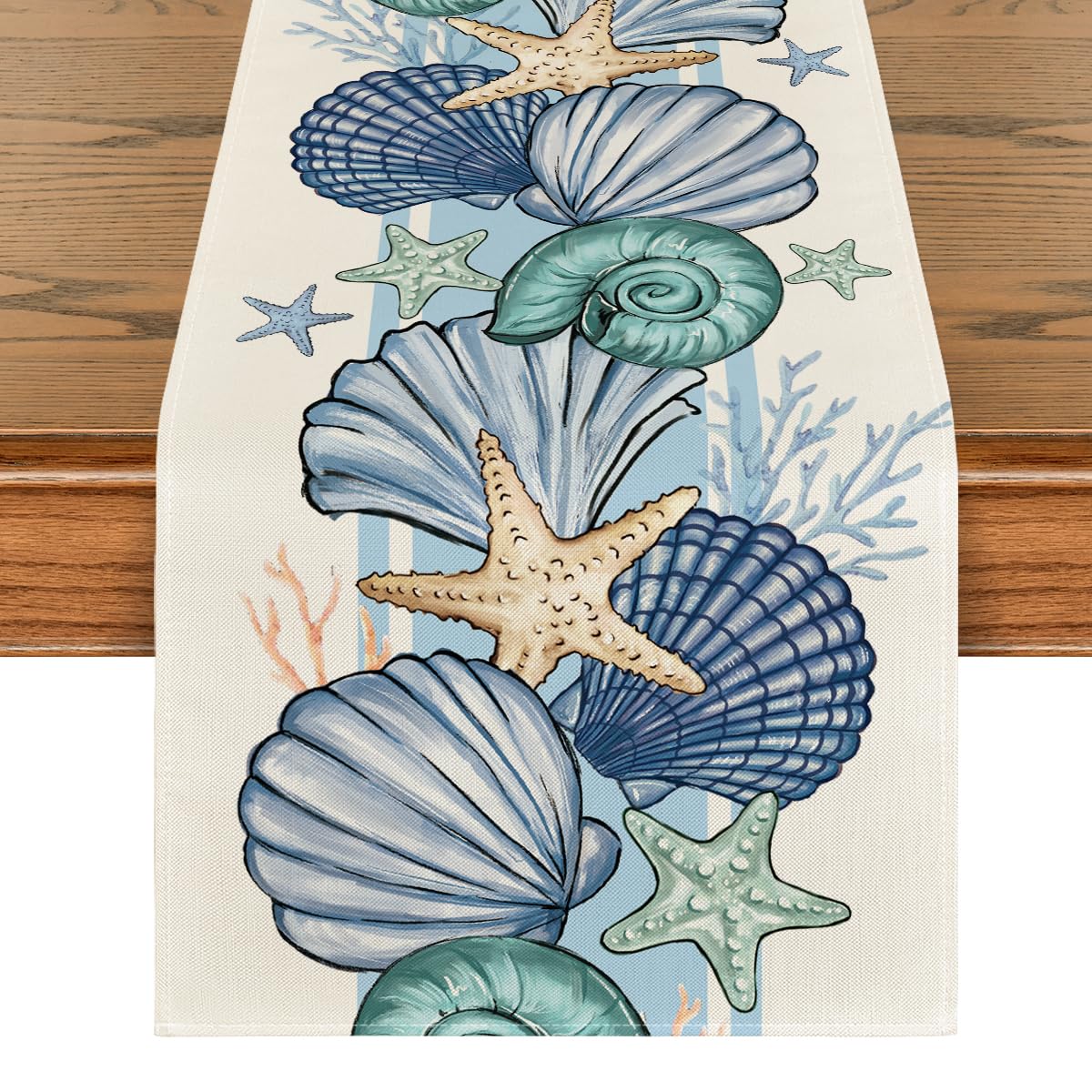Artoid Mode Sea Shell Starfish Summer Table Runner,Spring Ocean Kitchen Dining Table Decoration for Home Party Decor 13x72 Inch