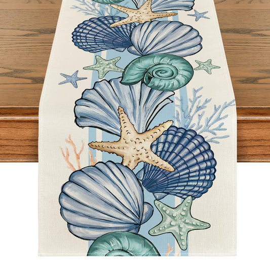 Artoid Mode Sea Shell Starfish Summer Table Runner,Spring Ocean Kitchen Dining Table Decoration for Home Party Decor 13x72 Inch