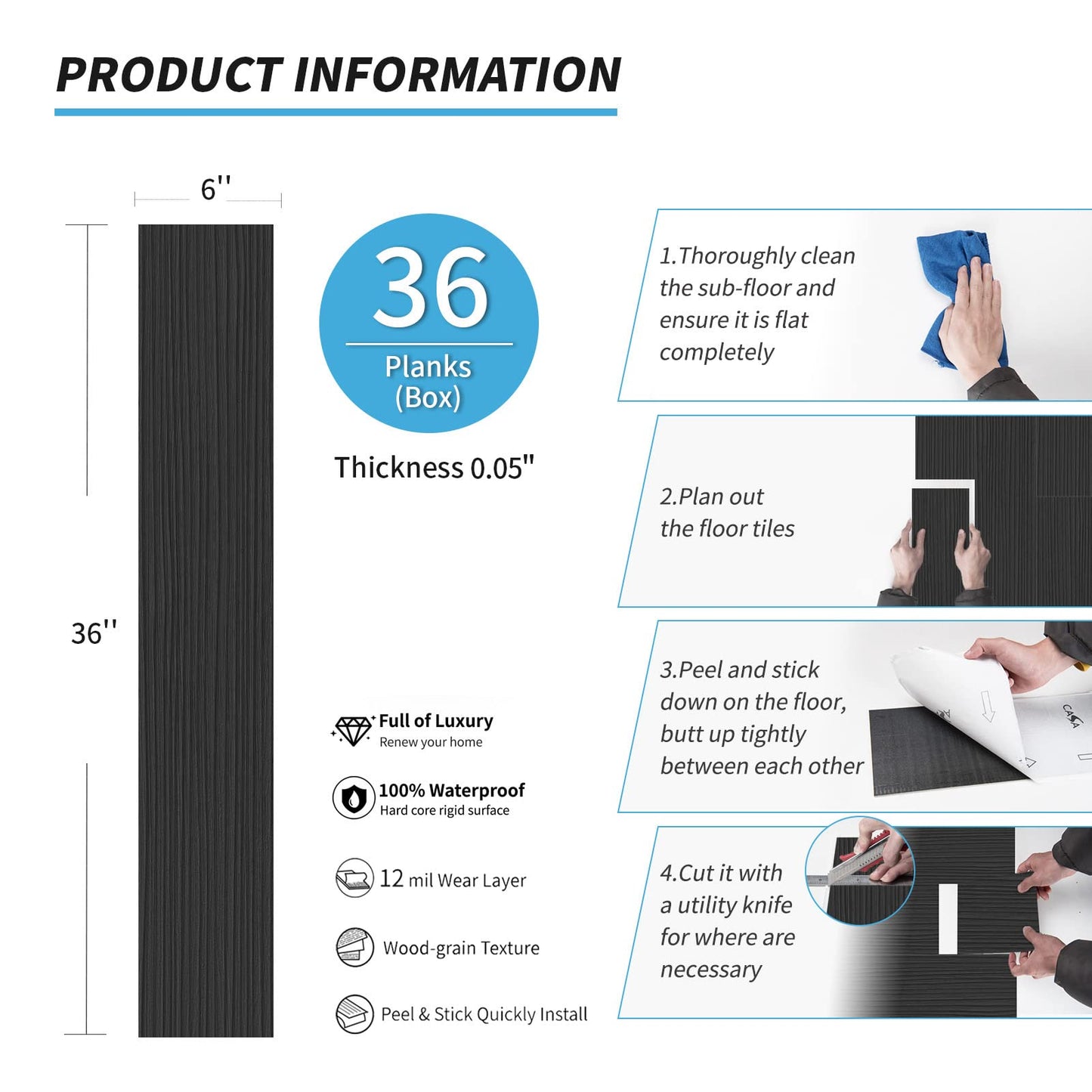 Art3d 36-Pack 54 Sq.ft Peel and Stick Floor Tiles Vinyl Plank Flooring Wood Look, Adhesive and Waterproof Tile Sticker for Bedroom, Living Room, Kitchen, RV in Black