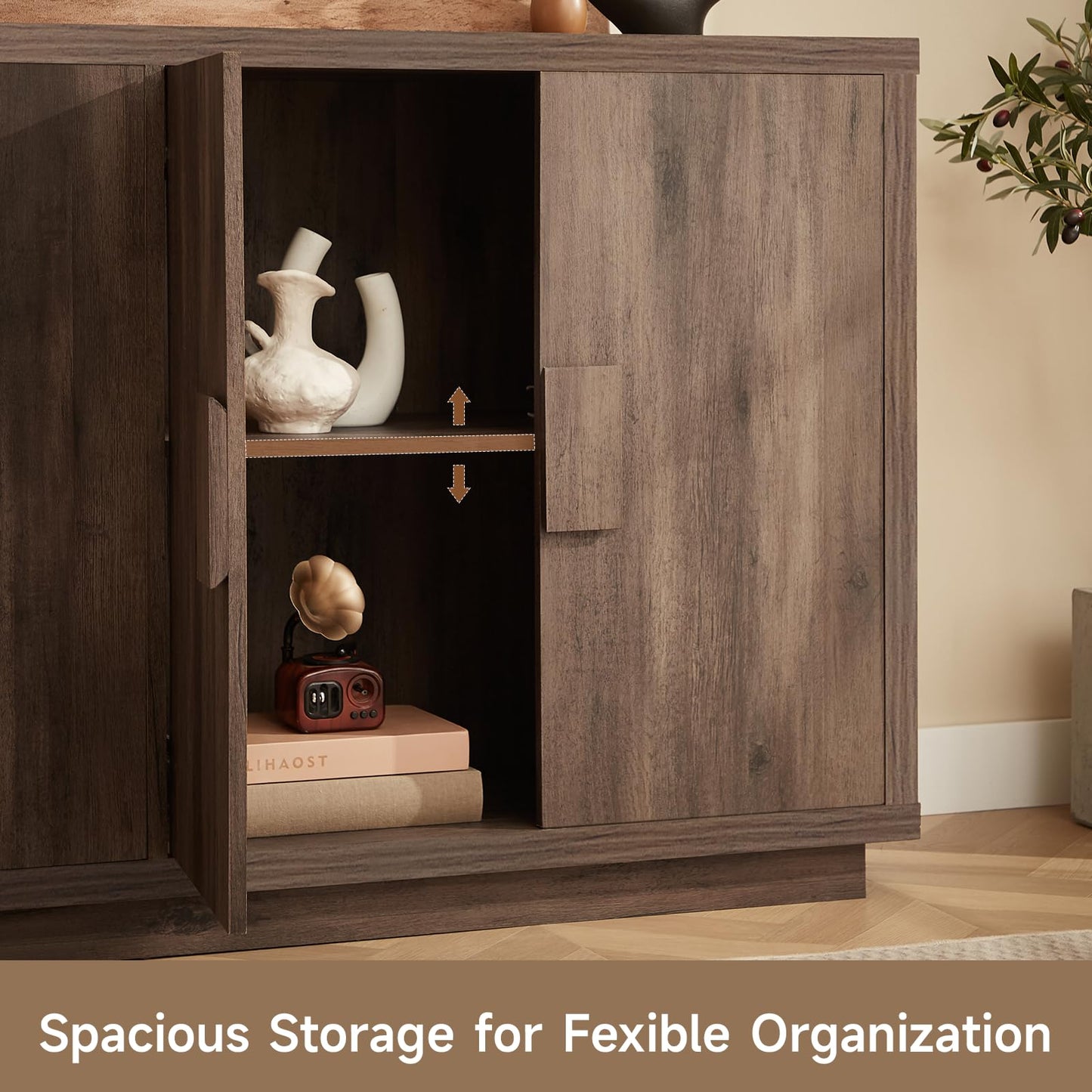 Lefurture 63 Inch Long Buffet Cabinet with Storage, Farmhouse Woodgrain Sideboard Modern Credenza with Doors & Shelves, Mid Century Coffee Bar Wine Bar Storage Cabinet for Living Room, Hallway