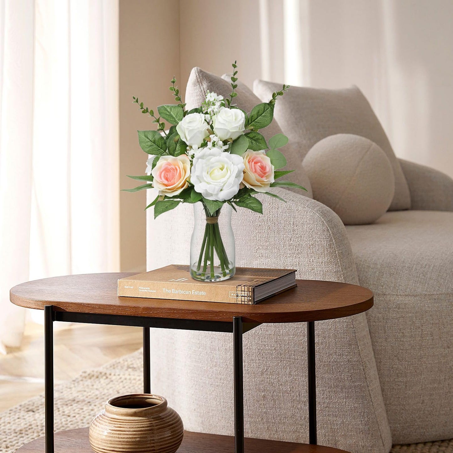 Hollyone Faux Flowers in Vase Artificial Silk Rose Flowers with Faux Eucalyptus Plants Arrangement with Vase Rose Flowers Bouquets Table Centerpieces Decorations Living Room Office Bathroom Home Decor