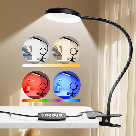 Reifeiniwei Desk Lamp with Clamp-10W，2-in-1 with RGB Ambient Light & Warm White Light,Book Reading Light Color Changeable/Flexible Gooseneck LED Lamps Clip on Bed Headboard and Computers 800LM-Black
