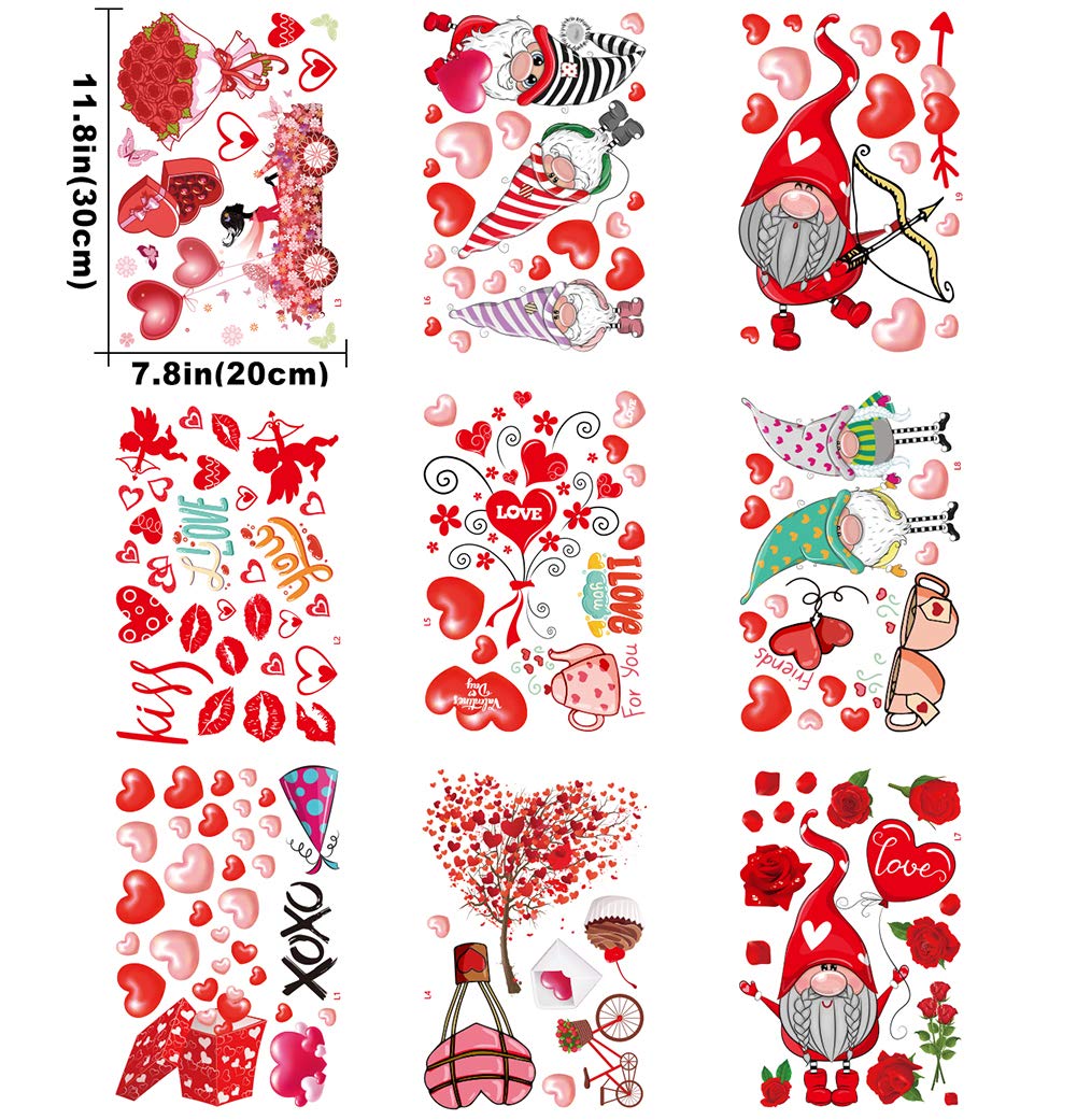 9 Sheets Valentine's Day Window Decals Clings Decorations, 149pcs Gnome Heart Window Stickers for Valentines Day, Glass Windows, Party, Wedding, Anniversary Ornaments Supplies
