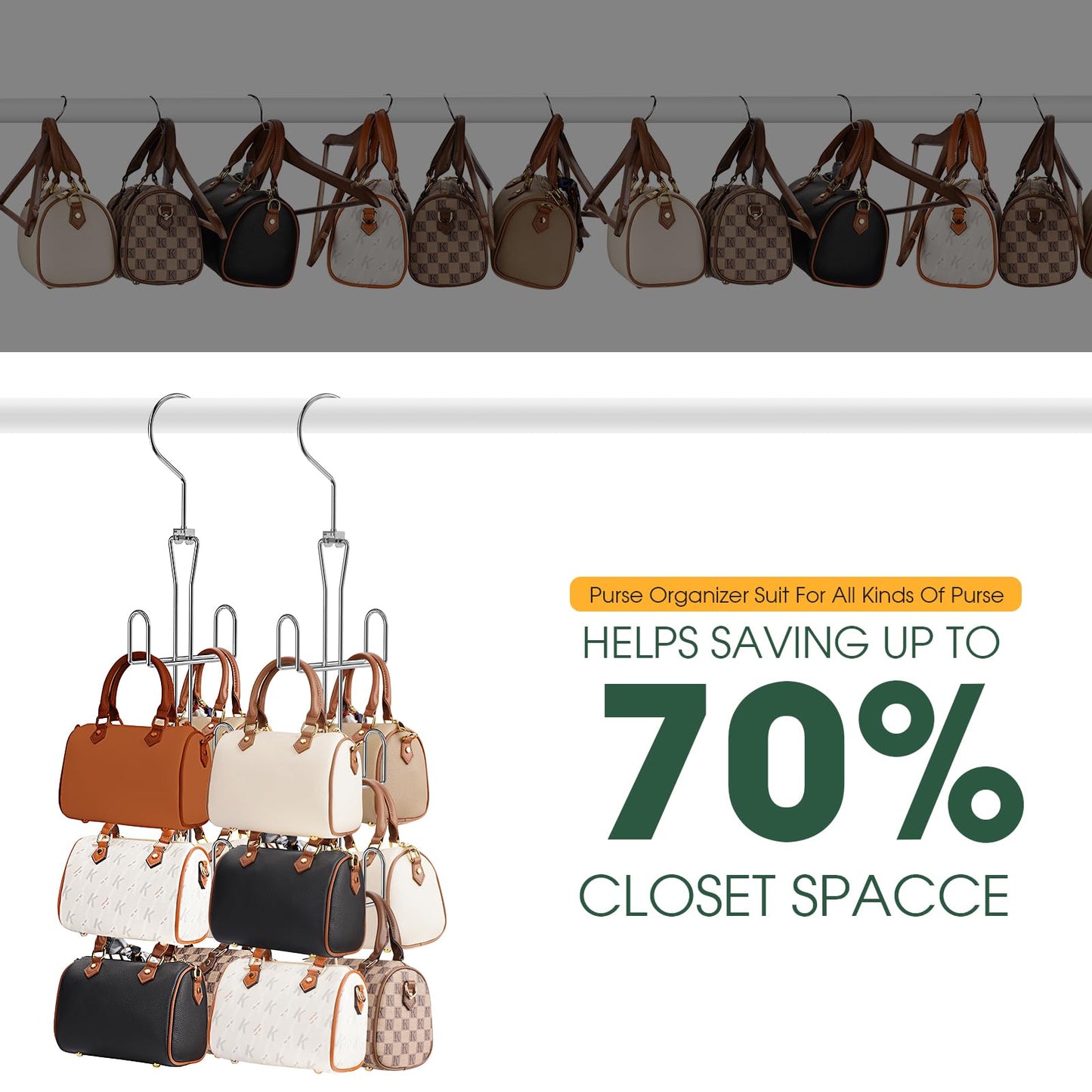 Ulimart Purse Hanger 2 Pack,Purse Organizer for Closet,Rotatable Metal Bag Organizer,Purse Holder for Handbags,Belts,Scarves,Tote,Baseball Hats,Backpacks(Silver)