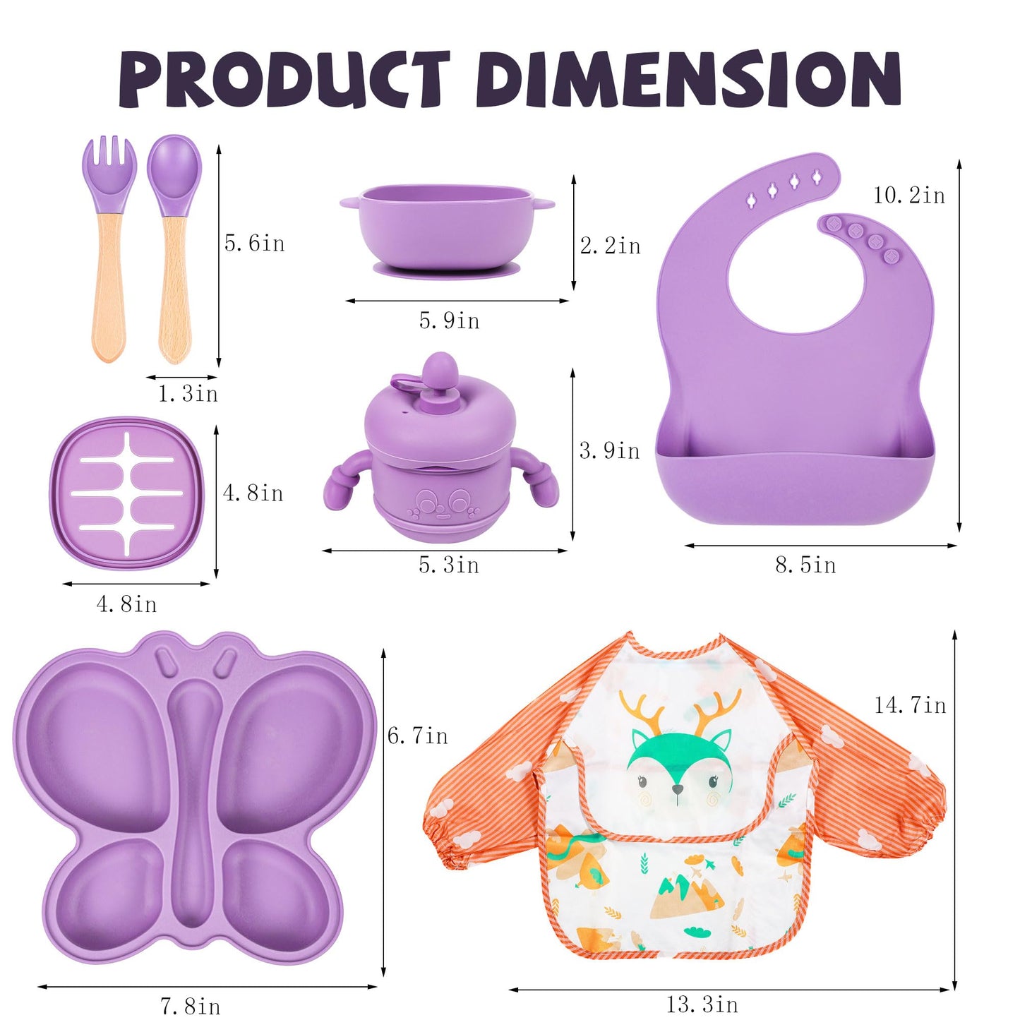 Silicone Baby Feeding Set, Baby Led Weaning Supplies, Silicone Suction Butterfly Plate, Bowl, Spoons, Fork and Waterproof Bib & Cloth Bib, Eating Utensils Baby Feeding Essentials (Purple)