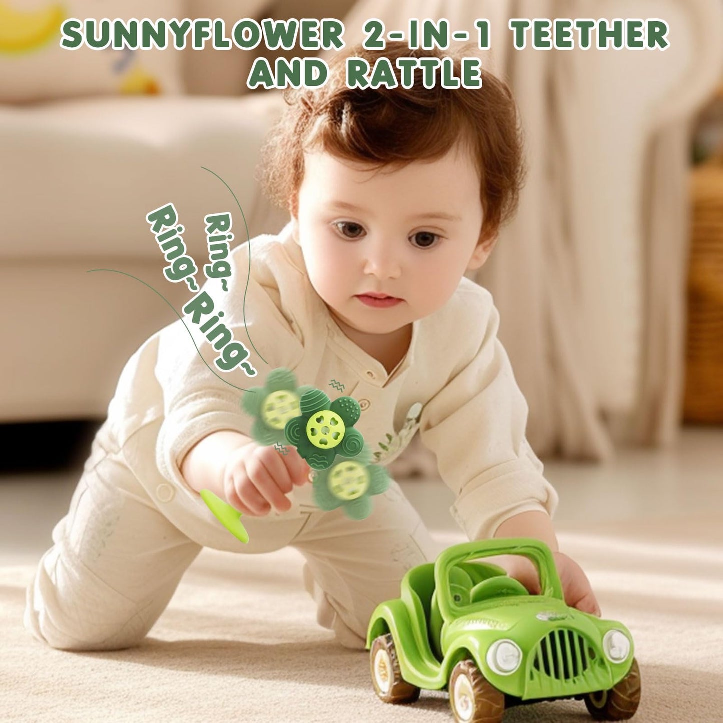 Baby Teething Toys and Rattle 2-in-1 for Babies 0-6 6-12 Months, Food Grade Silicone Teethers for Baies 3-6 Months, Infant Teething Relief Chew Toys, Sunnyflower Teether Toy BPA Free - Green