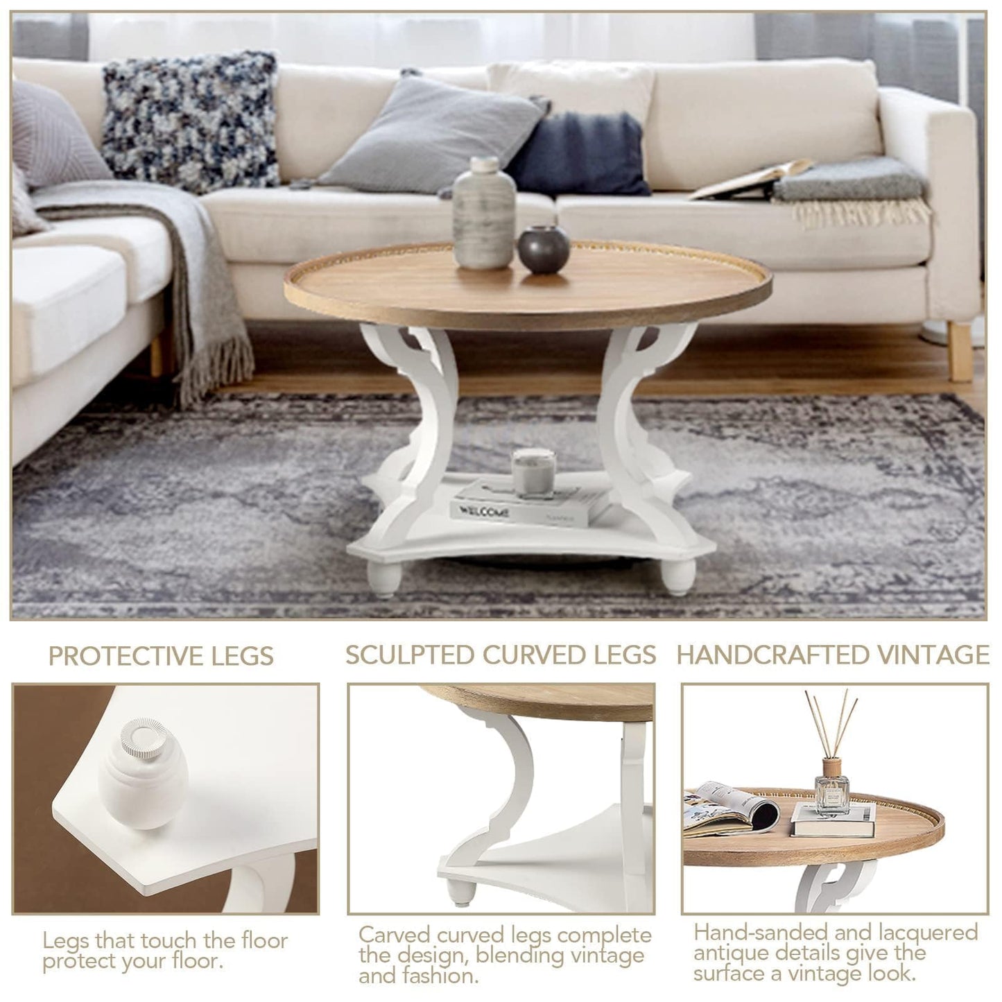 Wnutrees Farmhouse Round Coffee Table, Wood Tray Top Circle Coffee Table with Storage Shelf Rustic Style for Living Room and Vintage Finish, White