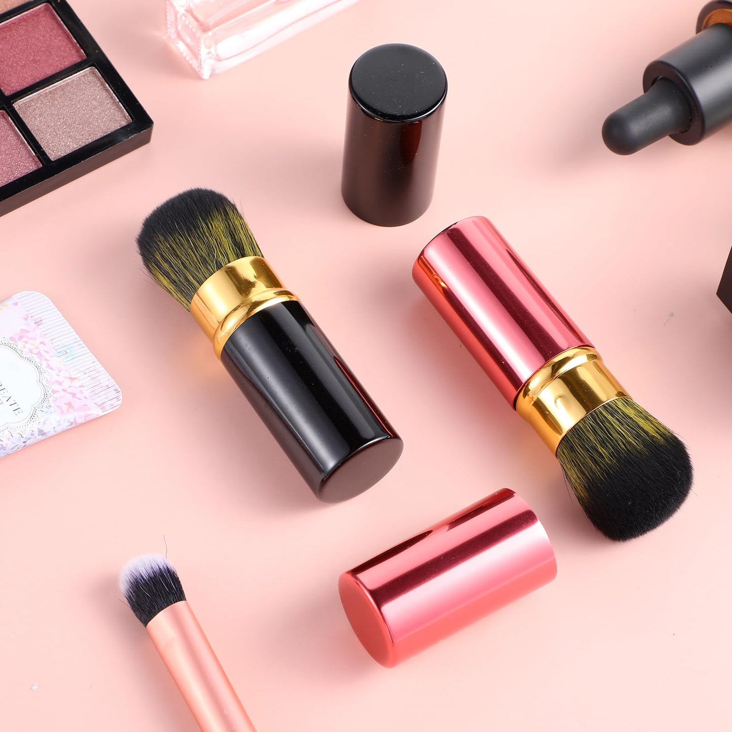 ElevateTech 2Pcs Retractable Kabuki Blush Brushes, Makeup Brush with Cover Foundation Brush Powder Brush Travel Makeup Brushes Luxe Makeup Tool for Seamless Application of Liquid Cream and Powder