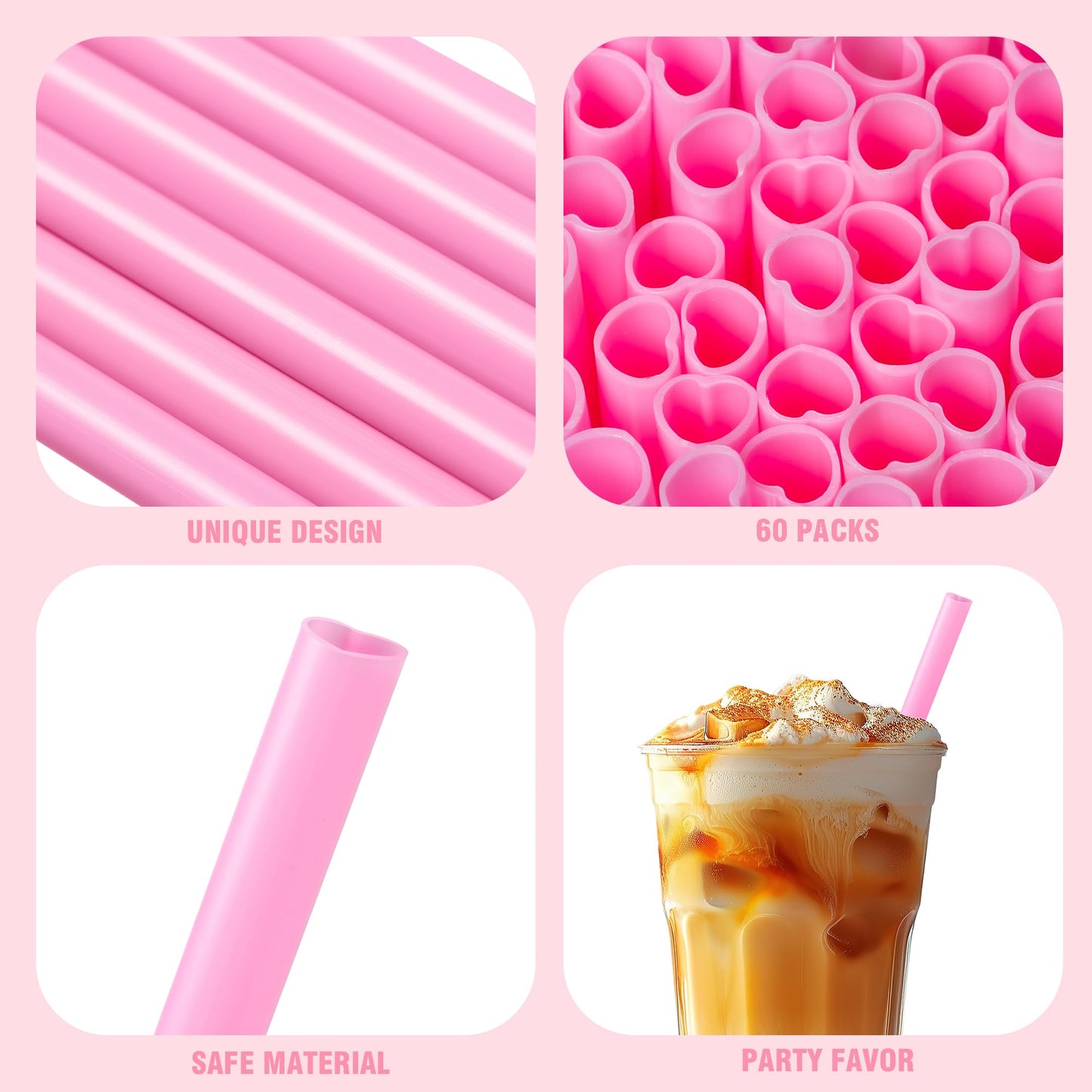 60 Pcs Heart Shaped Pink Straws Disposable Plastic Cute Straw Individually Wrapped Valentines Day Cocktail Birthday Party Bridal Shower Wedding Supplies hello kitty party decorations