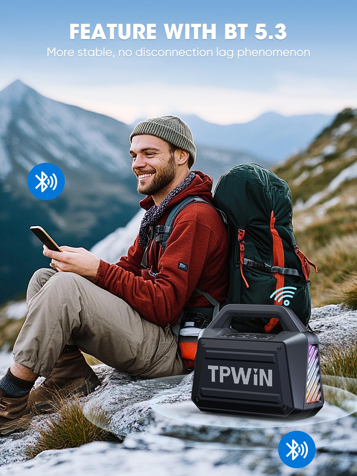 TPWIN Bluetooth Speaker Wireless - Portable Loud Speakers 80W Peak, 20H Playtime, Light Show, TWS, Deep Bass, BT 5.3, IPX6 Waterproof for Outdoor Travel Camping Beach Pool - Black