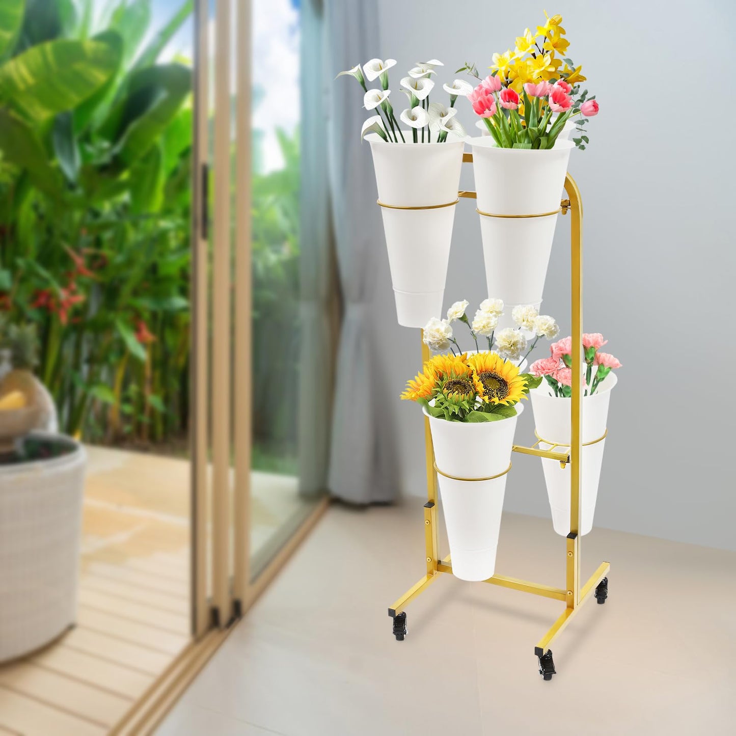 Nozue Flower Display Stand, 2Layers Metal Plant Stand with Wheels, with 6pcs Buckets, Portable Plant Moving Cart Frame for Indoor, Florist, Living Room (Gold - White Round Bucket)