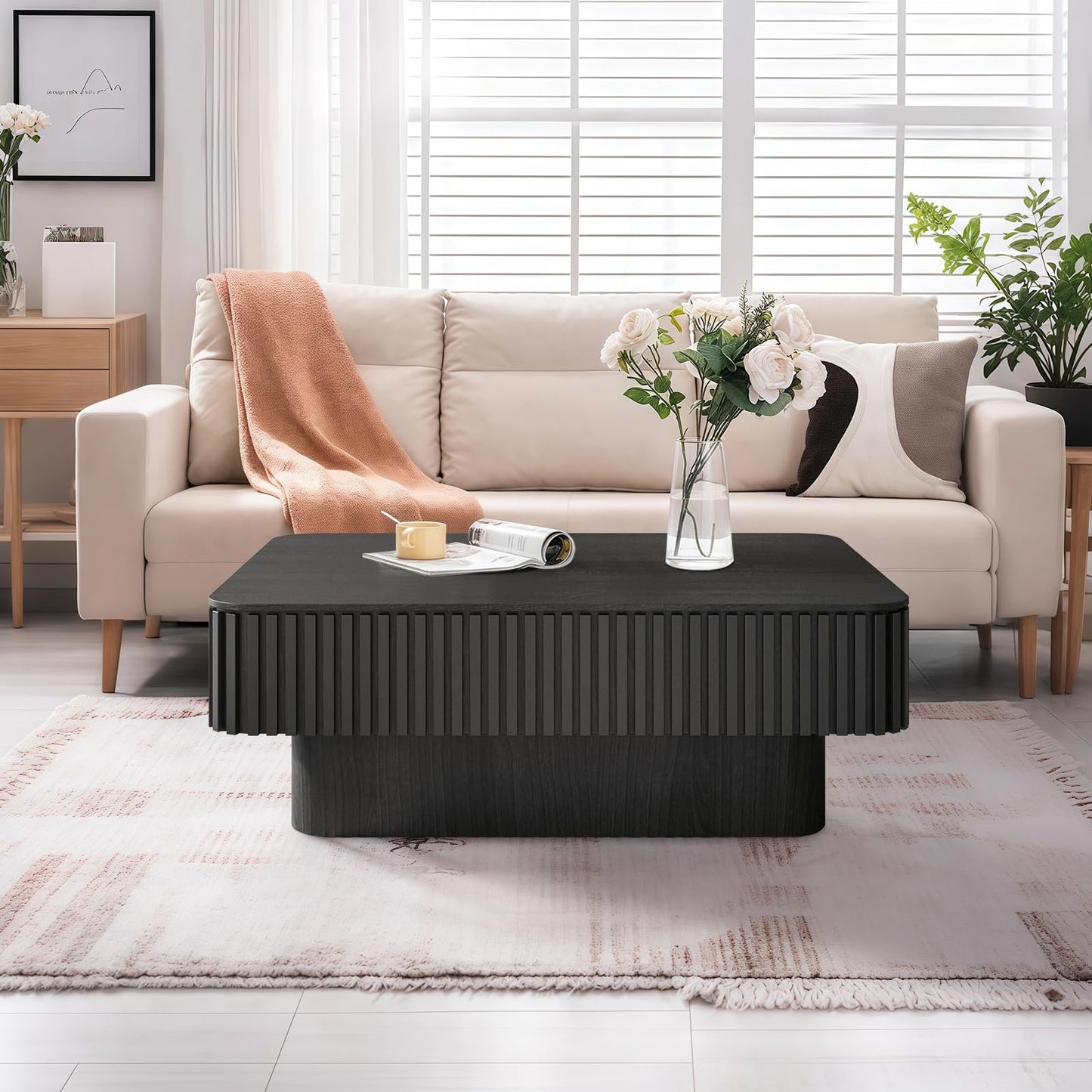 LKTART 38.6''Black Fluted Lift Top Coffee Table Modern Handcraft Drum Wooden Solid Wood Veneer Tea Table for Living Room Apartment(Hidden Storage)