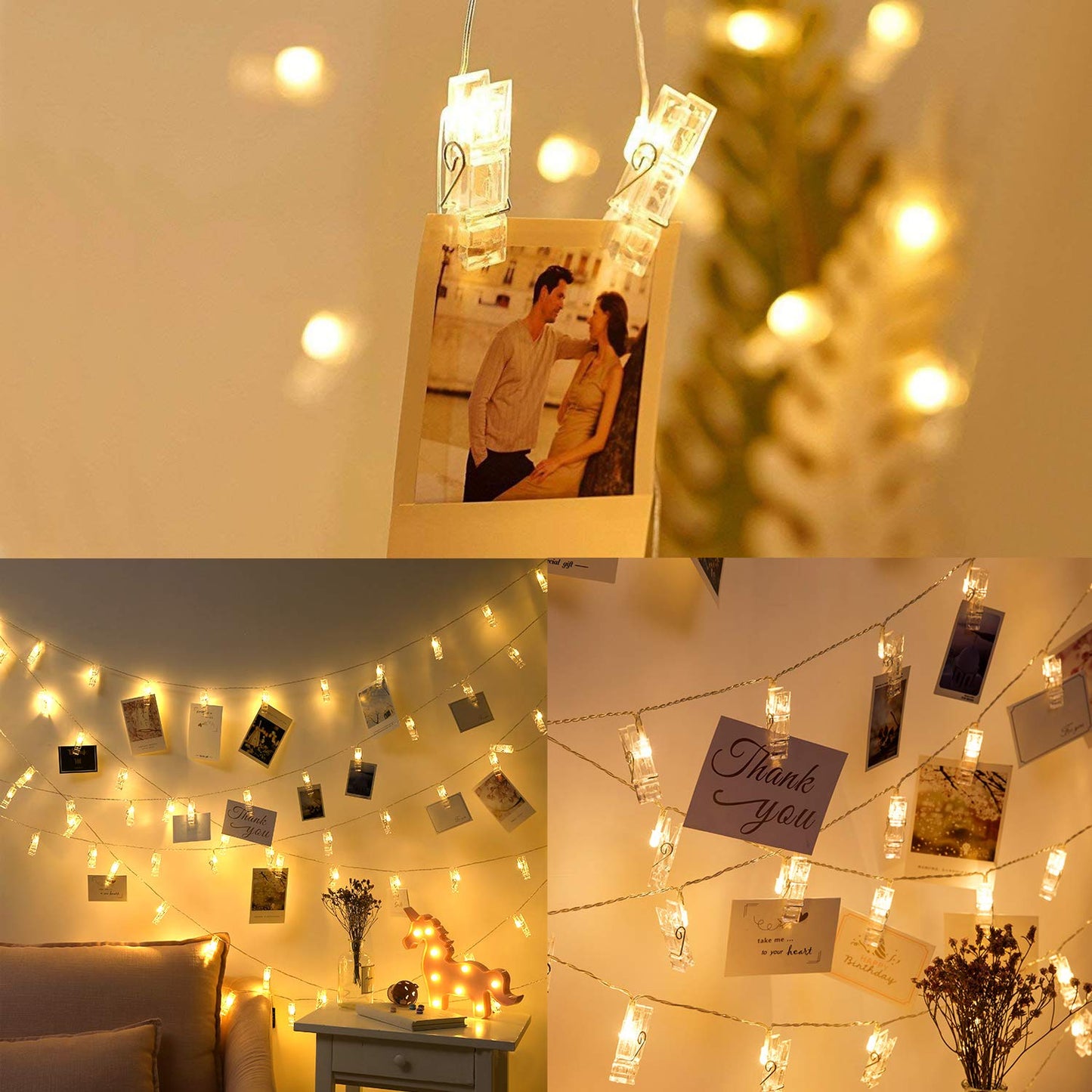 Betus 10 Ft 20 LEDs Photo Clips String Lights - Battery Powered Fairy Twinkle Light with Clips for Hanging Photos Pictures Cards & Artwork, for Bedroom Home Decoration (Warm White)
