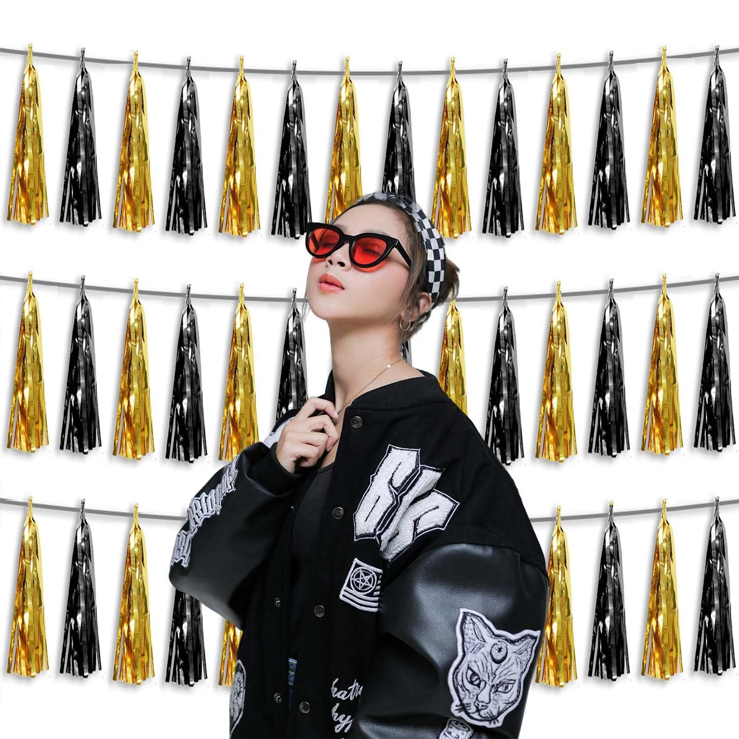 3P Metallic Fringe Tassel Banner Garland Foil Tinsel Streamer Wall Hanging Curtain Backdrop Banner for Parade Floats,Graduation Decorations, Father's Day,New Years Party Decoration(Black Gold)