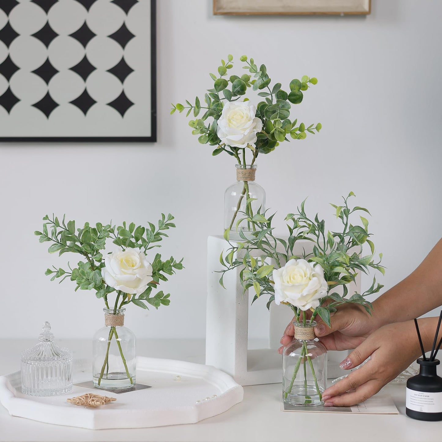 3 Pack Mini Fake Plants and Artificial Flowers with Faux Water in Vase,Silk Roses and Eucalyptus with Fake Water in Glass Vase for Centerpiece Table Decorations Kitchens Office Home decor (White)