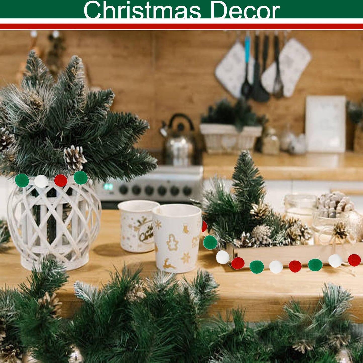 3PK Christmas Pom Pom Garland Christmas Decorations for Tree Indoor Home Room Decor Cute Hanging Felt Ball Red White Green Pompom Bead Ornament String Banner Garland Xmas Birthday Party Supplies