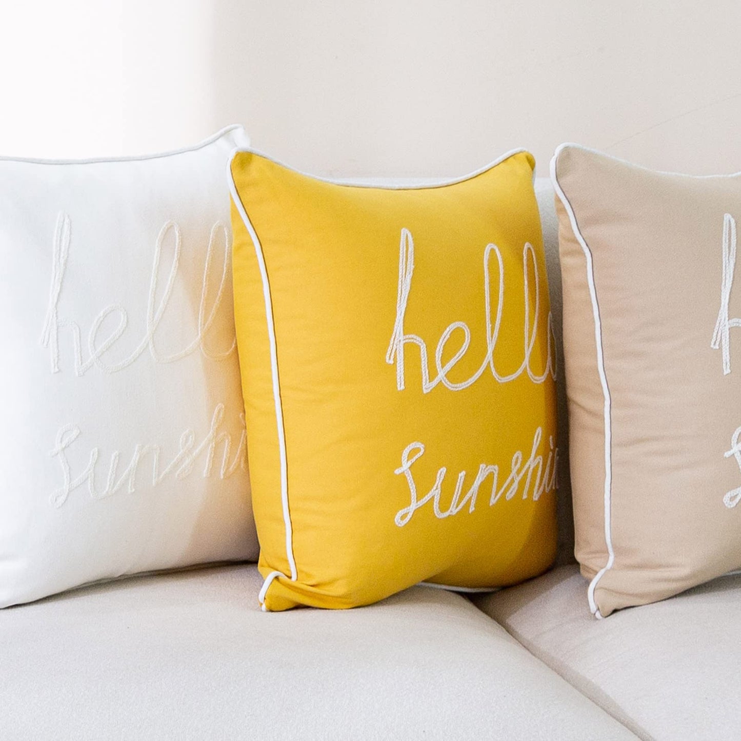 YIcabinet Set of 2 Soft Soild Decorative Square Throw Pillow Covers Outdoor Patio Pillow Yellow Hello Sunshine Pillow for Sofa Bedroom Car 18x18 Inch