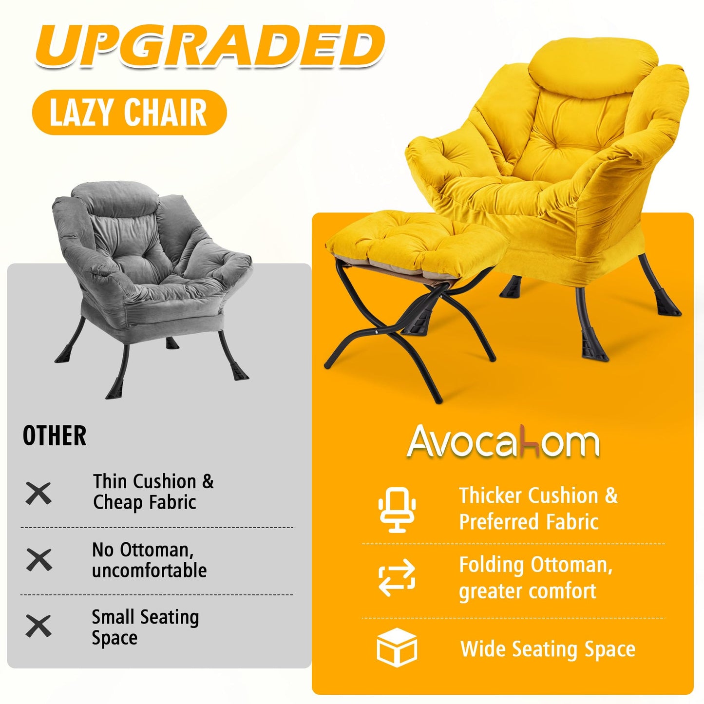 Avocahom Accent Lazy Chair with Ottoman,Leisure Sofa Armchair with Footrest,Oversized Reading Chair for Bedroom,Dorm Room,Living Room,Courtyard,Office,Yellow