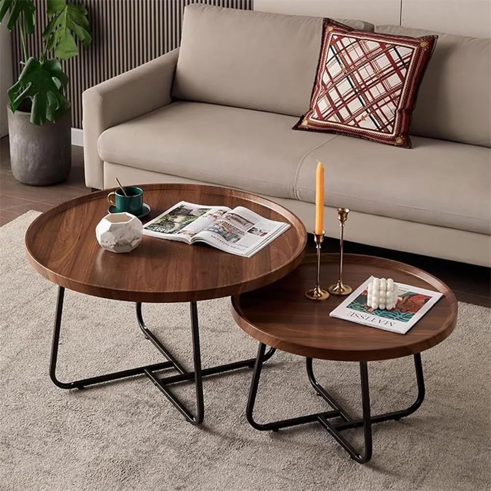 Nesting Coffee Table Set of 2, Round Center Table with Non Slip Feet Side,End Tables with Wood Grain Top for Living Room Office Wood Grain Brown,28 * 18in&20 * 15in