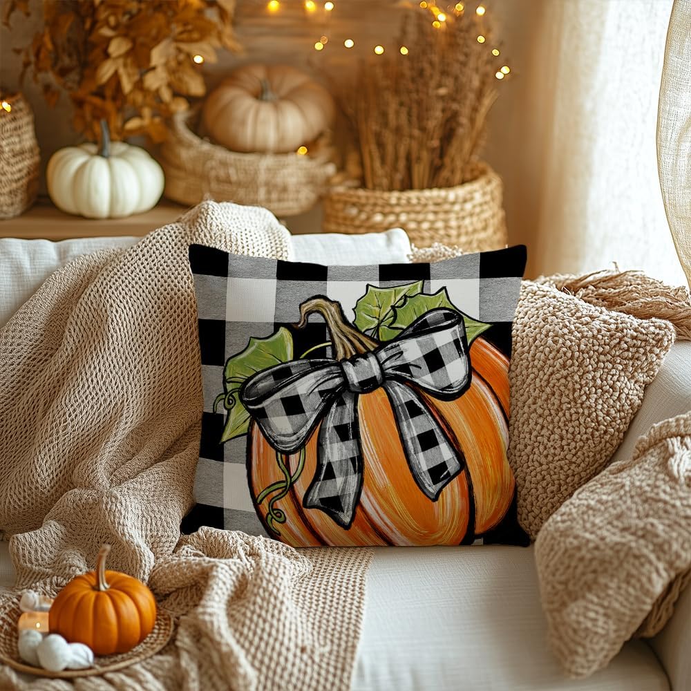 AACORS Fall Pillow Cover 18x18 Inch Pumpkin Bowknot Decorations Farmhouse Buffalo Plaid Autumn Throw Pillow Case Decor for Home Sofa Couch AA734-18