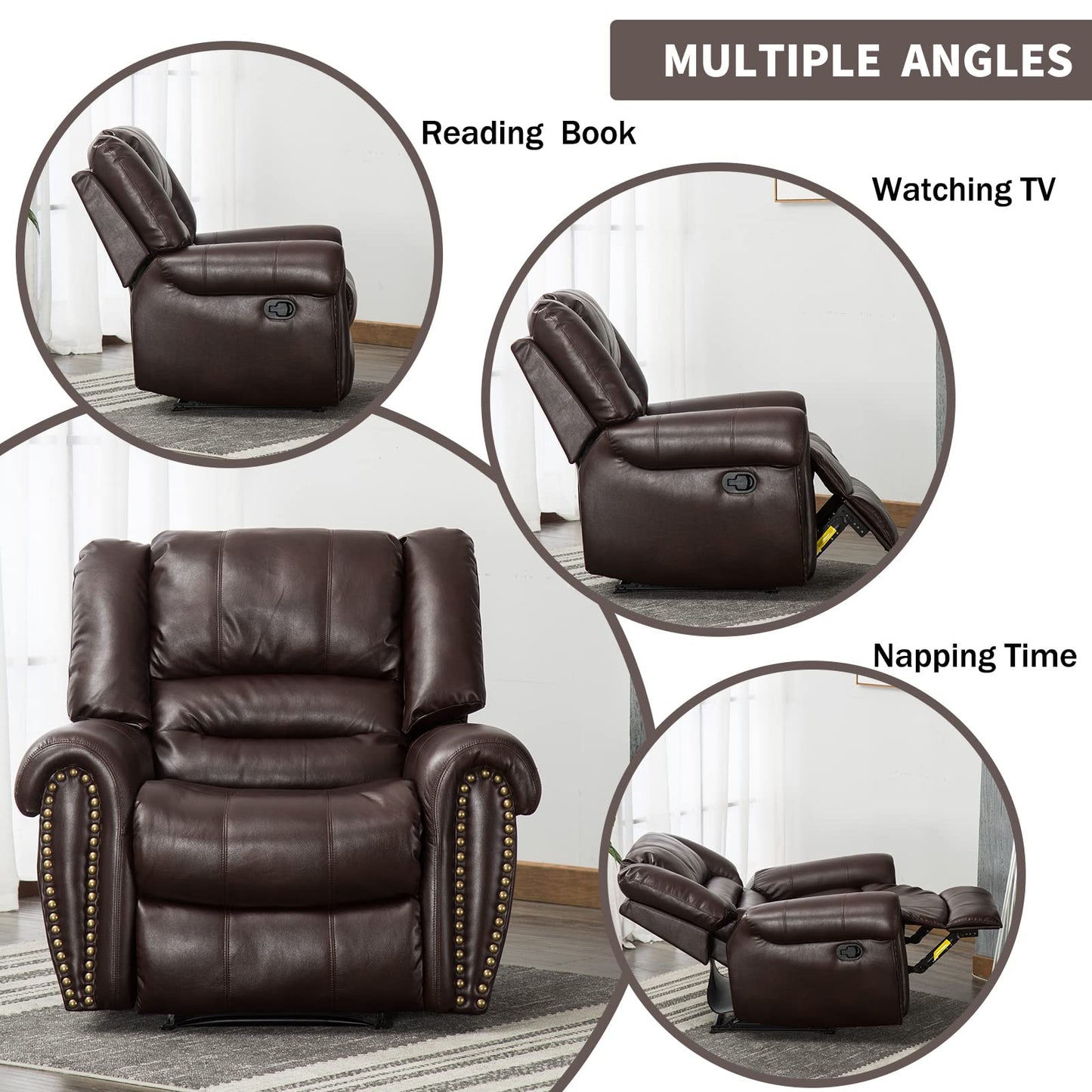 CANMOV Leather Recliner Chair, Classic and Traditional Manual Recliner Chair with Comfortable Arms and Back Single Sofa for Living Room, Brown