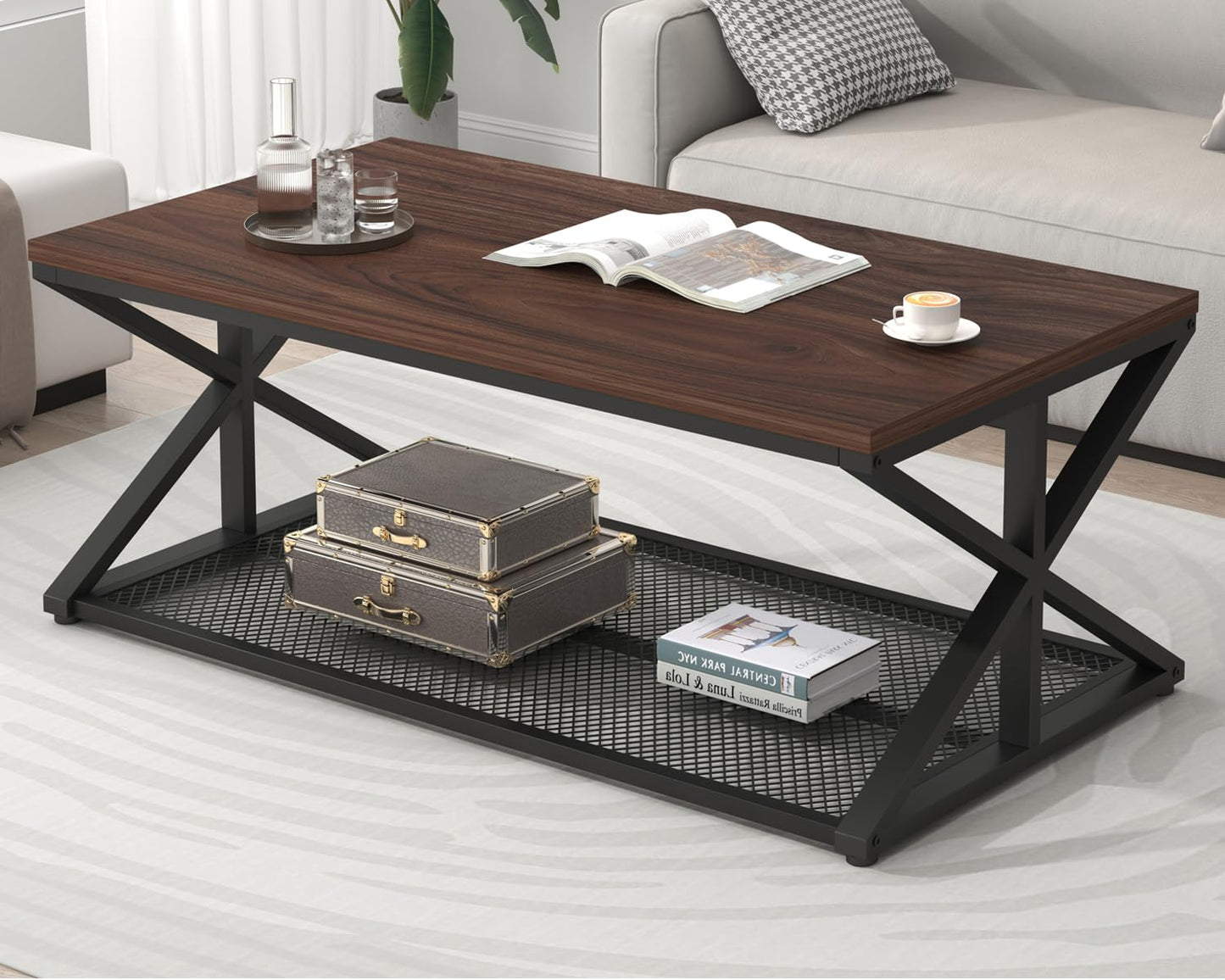 IBF Walnut Coffee Table with Storage, Industrial Wood Metal Rectangle Living Room Table, Vintage 2 Tier Middle Center Table with Mesh Shelf, Walnut, 47 inch