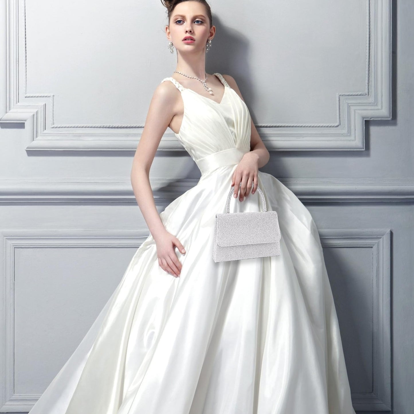 Larcenciel Women's Evening Handbags, Glitter Top Handle Evening Purse w/Chain, Silver Ladies Sequins Shoulder Crossbody Bag, Chic Guest Clutch for Party Prom Wedding Cocktail Club Dating,7.9x2.2x5.3in