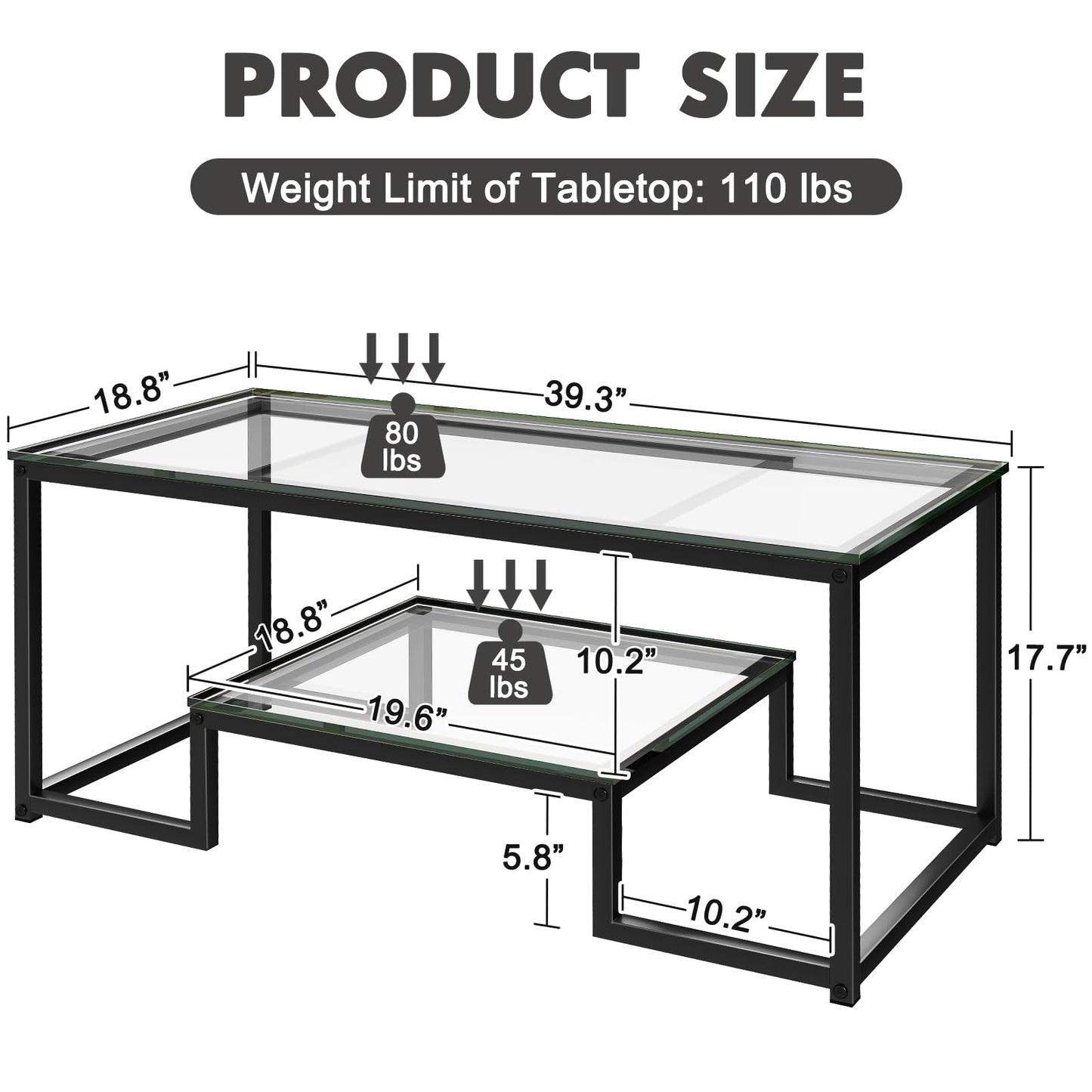 Wolawu Coffee Table Black Glass Coffee Table for Living Room,2 Tiers Rectangle Center Table with Sturdy Metal Frame,Modern Tempered Glass Accent Table for Bedroom Home Office