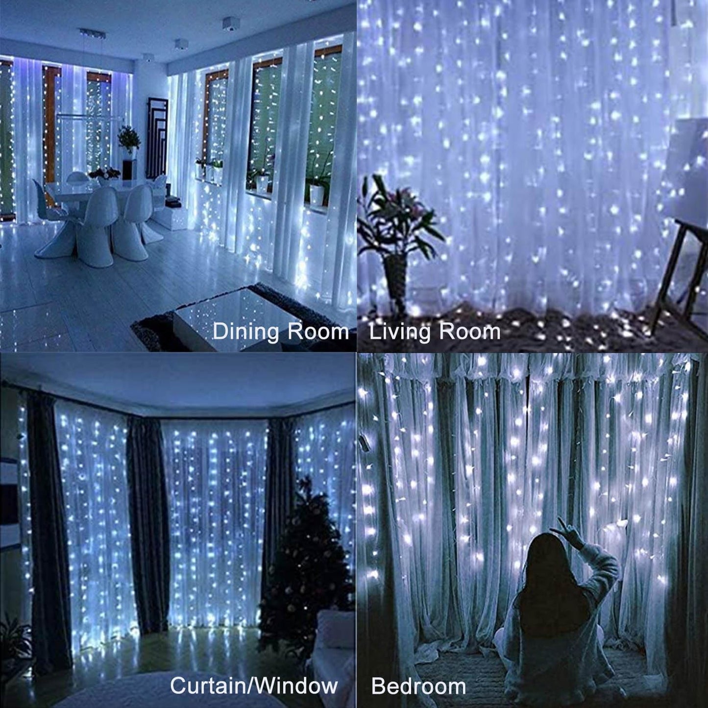 Curtain String Lights, 300 LED Fairy Lights with 8 Light Modes, 9.8x9.8Ft Remote Controlled Plug-in Fairy String Lights for Christmas, Bedroom, Indoor, Outdoor, Weddings, Party Decor (White)