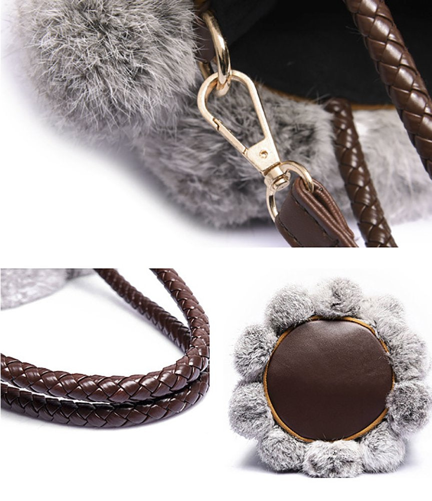 QZUnique Faux Fur Bucket Handbag Women's Drawstring Fur Crossbody Bag Shoulder Tote Bag
